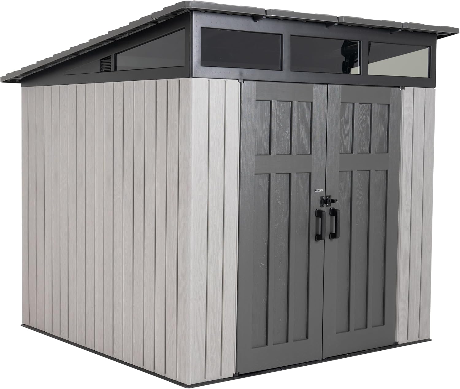 Lifetime 8.3 x 8.3 Ft Modern Outdoor Storage Shed with Clerestory Windows, UV-Protected Polyethylene, Steel Reinforced, Lockable Doors, Adjustable Shelf and Wall Hooks, Gray
